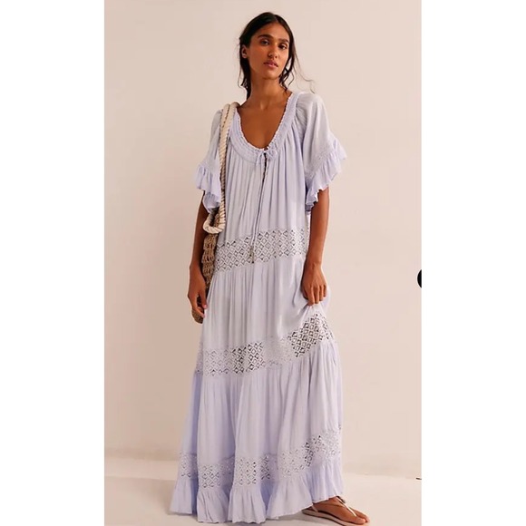 Free People Dresses & Skirts - Free People Dream On Maxi Dress Dusty Lavender Purple Boho Lace Tiered Medium